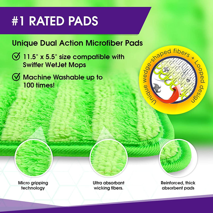 6 Washable/Reusable Microfiber Mop Pads Compatible with Swiffer Wet Jet, Green